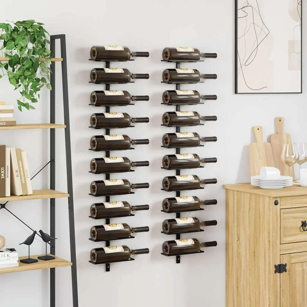 Wall-mounted Wine Rack Storage Display 20 Bottles Black Metal 2 Pieces Set