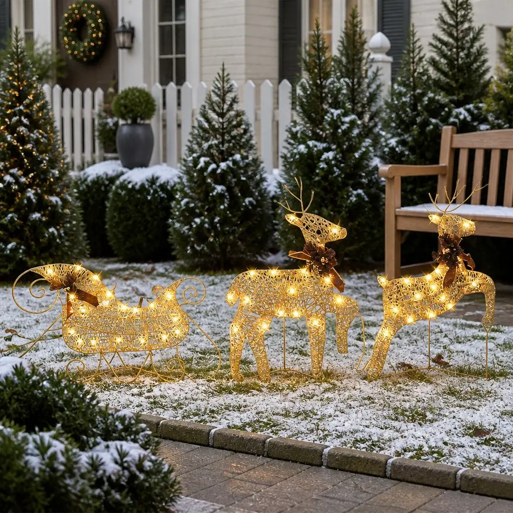 Reindeer Sleigh Christmas Decoration Outdoor Garden 60 LED Lights Gold