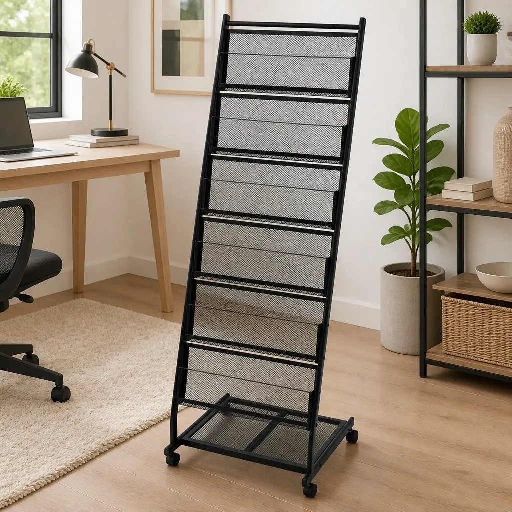 Magazine Rack Black A4 Display Stand Shelf with Castor Wheels 47.5x43x133 cm