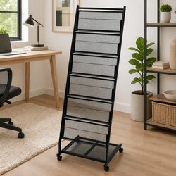 Black Magazine Rack A4 Storage Display Stand 6 Shelf Organizer with Wheels