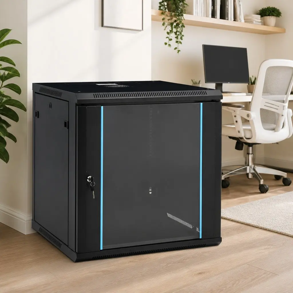 12U Network Cabinet Wall Mounted Server Equipment Storage 19 Inch Black Cold Rolled Steel