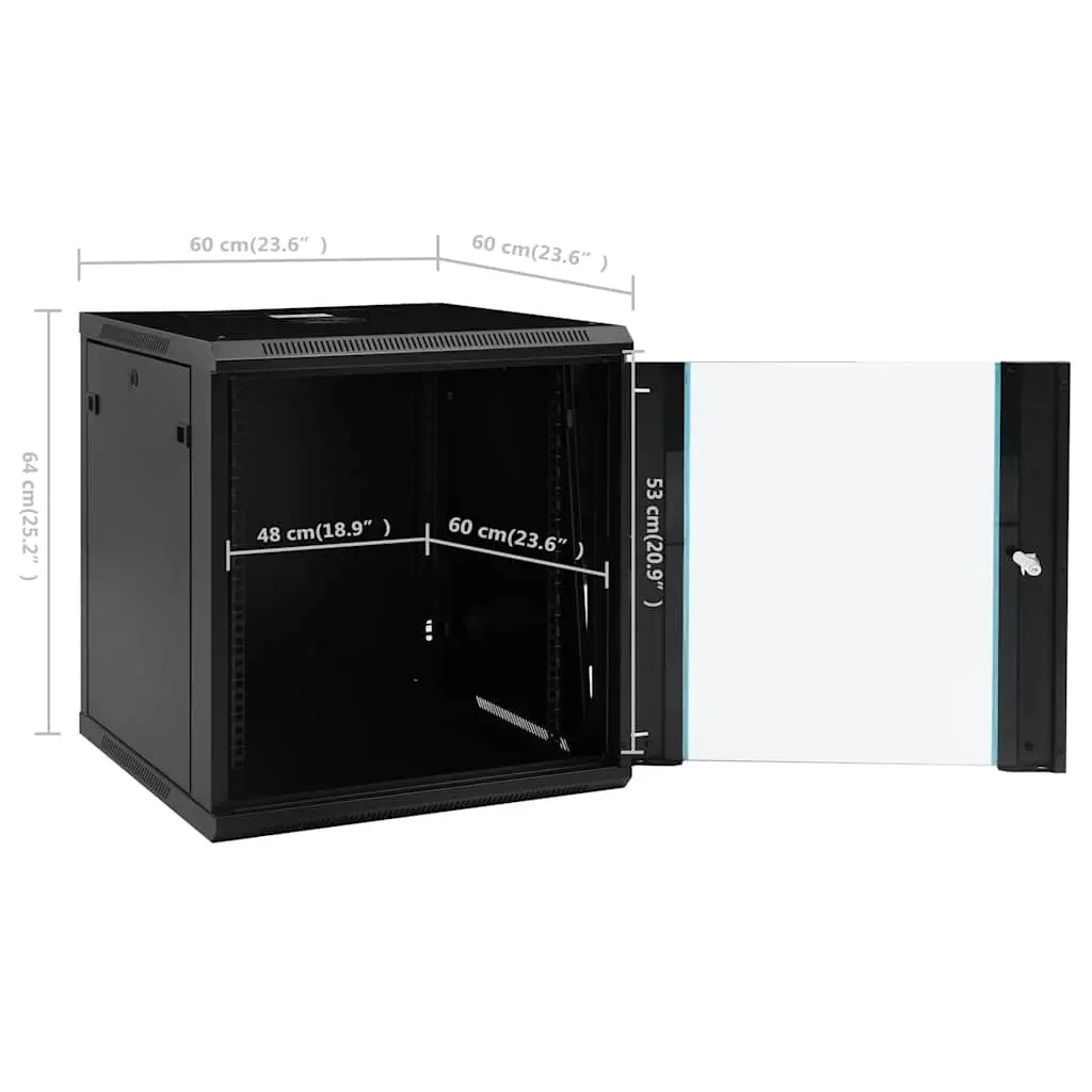 12U Network Cabinet Wall Mounted Server Equipment Storage 19 Inch Black Cold Rolled Steel