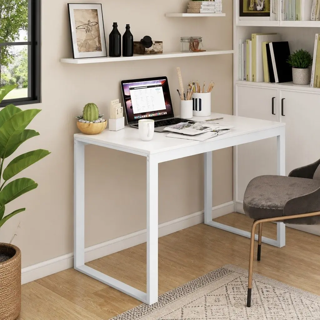 White Writing Table for Home Office 110cm x 60cm x 73cm Computer Desk with Spacious Surface Sturdy Metal Frame