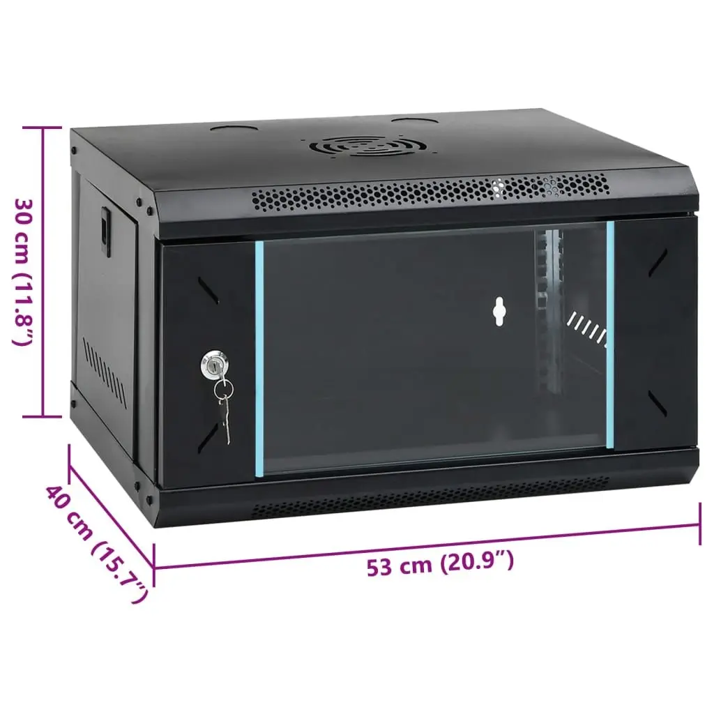 6U Wall Mounted Network Cabinet 19 Inch Lockable Server Rack Storage Black 53x40x30cm