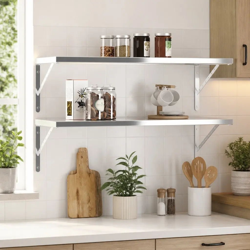 Wall Mount Shelf Brackets Stainless Steel Support Silver 4 Piece 40x25x2.5cm