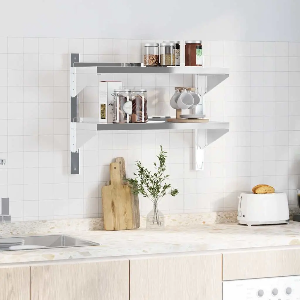 2-Tier Wall Shelf Silver Stainless Steel Floating Storage Rack Home Kitchen