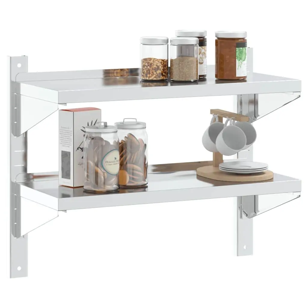 2-Tier Wall Shelf Silver Stainless Steel Floating Storage Rack Home Kitchen