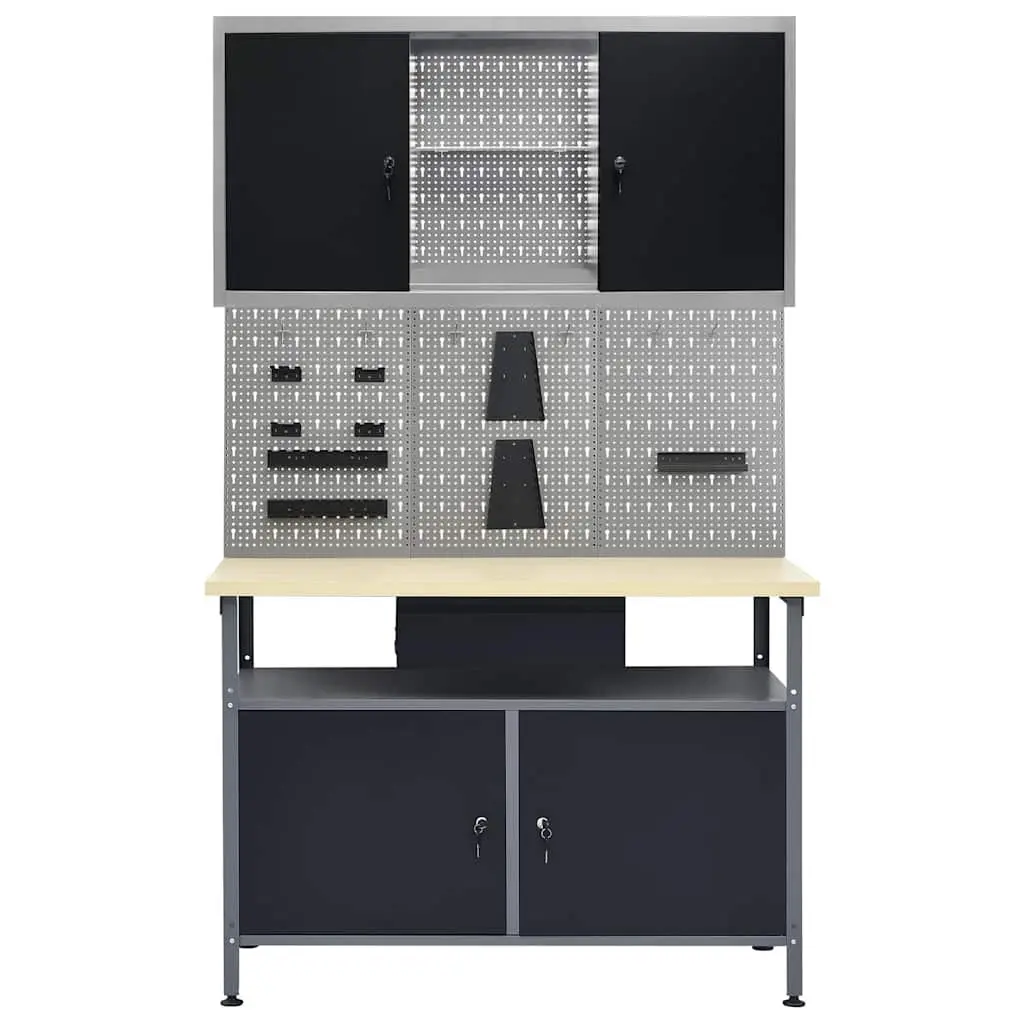 Black Workbench with 3 Wall Panels Cabinet Storage Organisation Workshop Garage