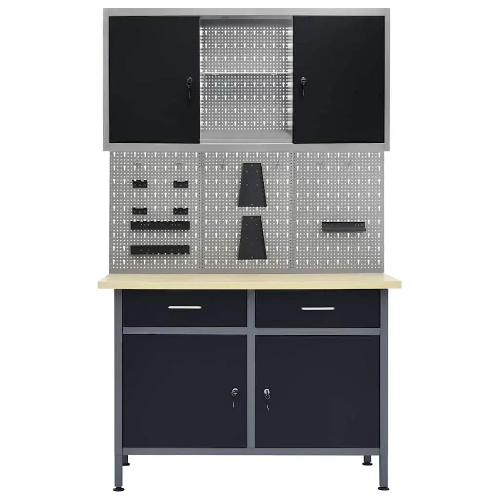 Workbench Storage System 500kg Capacity Black 3 Wall Panels 1 Cabinet