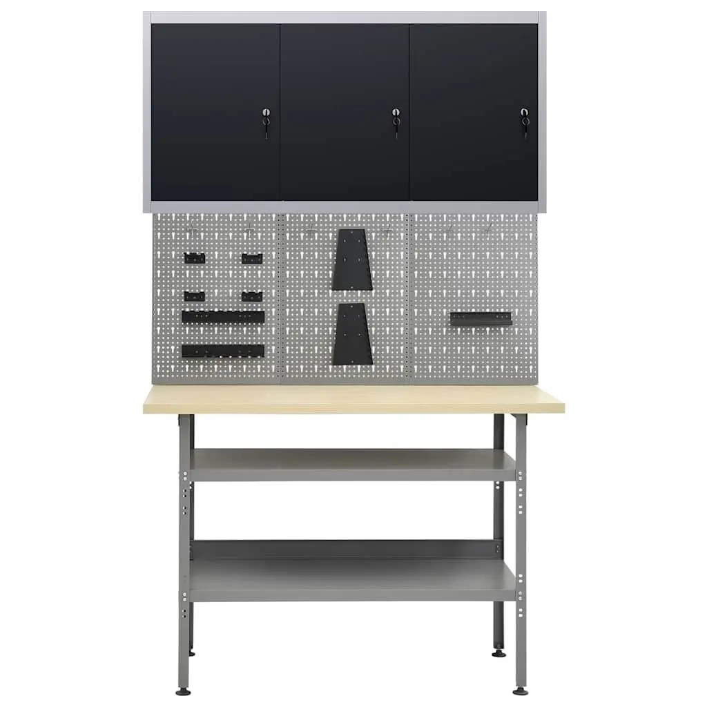 Workbench with Wall Panels Cabinet Storage Solution Grey Workshop Garage Tool