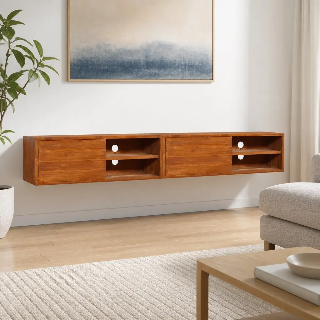 Solid Teak 180cm Wall-Mounted TV Cabinet for Storage