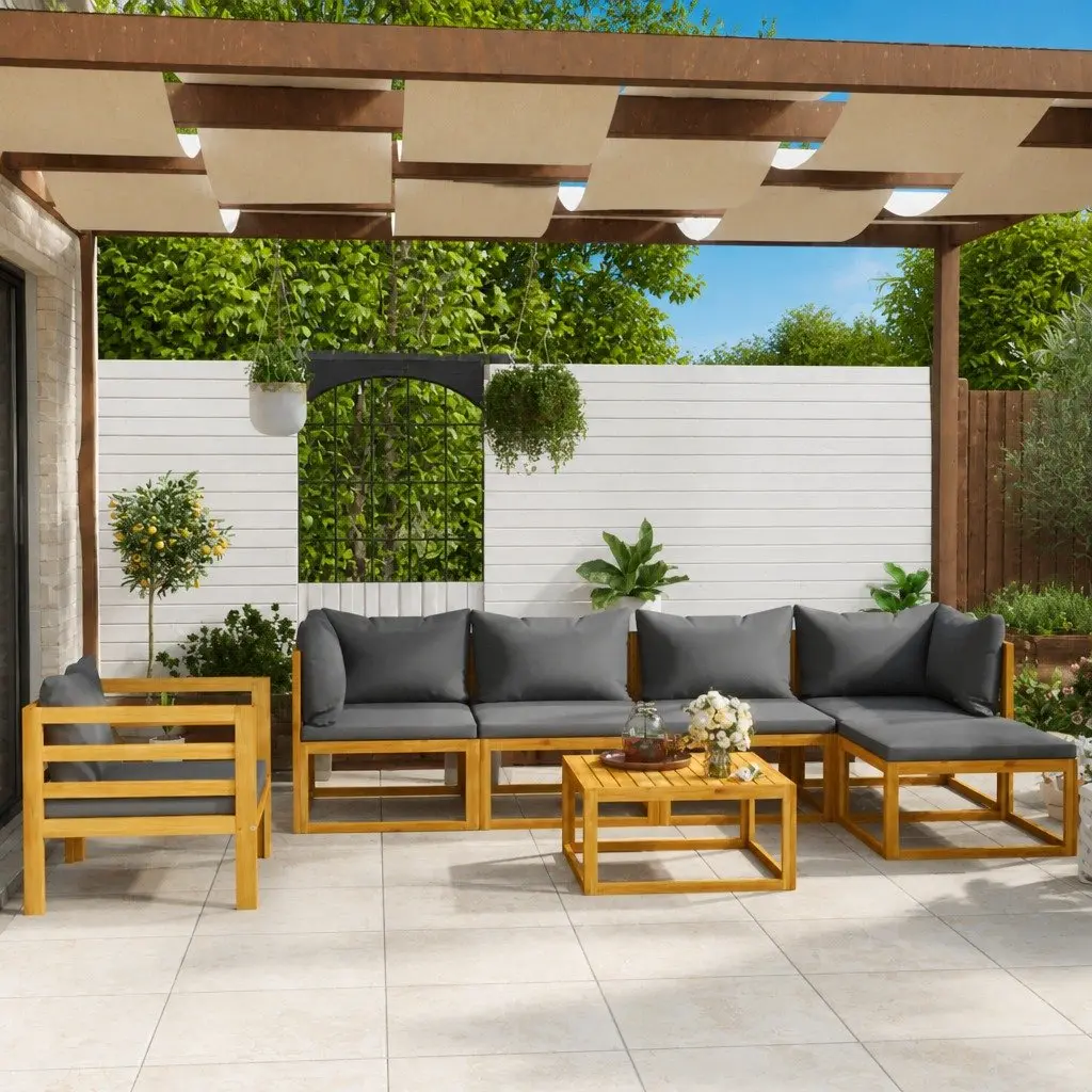 7 Piece Outdoor Garden Lounge Set Modular Patio Furniture Grey Acacia Wood Sofa Coffee Table
