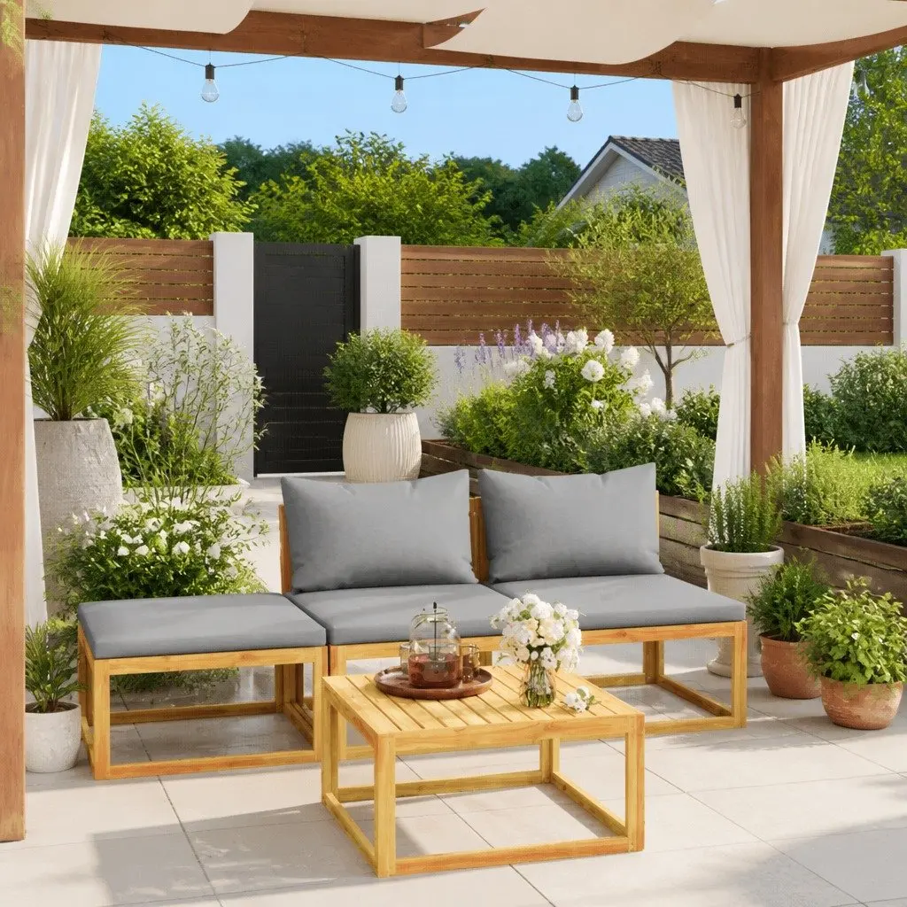 Garden Lounge Set Outdoor Furniture 4 Piece Acacia Wood Sofa Coffee Table Grey