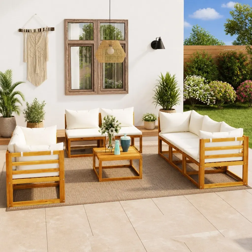 Garden Lounge Set 9 Piece Outdoor Furniture Sofa Cream with Cushions Coffee Table