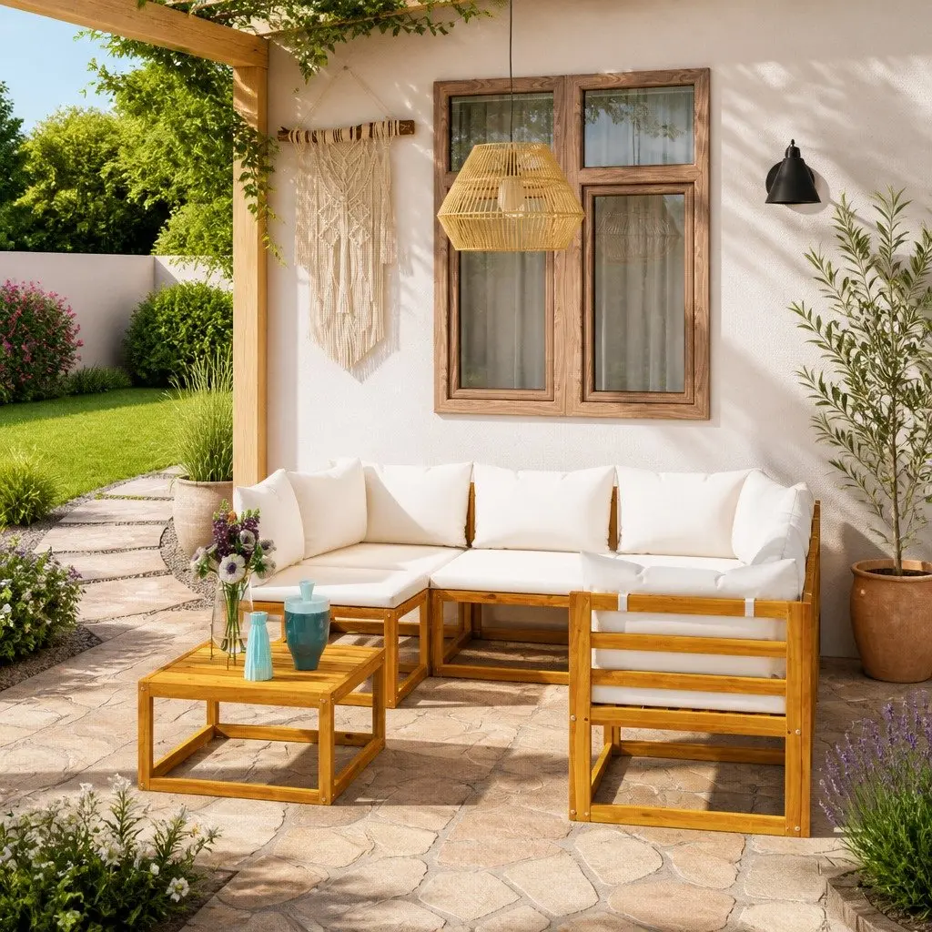 Garden Lounge Set Outdoor Furniture 6 Piece Patio Sofa Coffee Table Cream