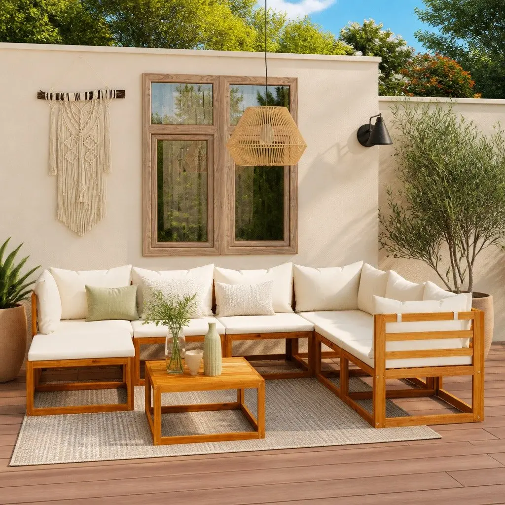 8 Piece Outdoor Garden Lounge Set Cushioned Seating Solid Wood Frame Coffee Table Cream