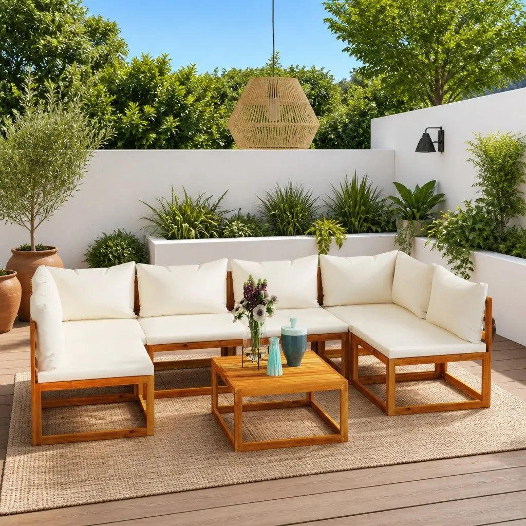 Garden Lounge Set 7 Piece Modular Outdoor Furniture Cream Cushions Patio Sofa Coffee Table