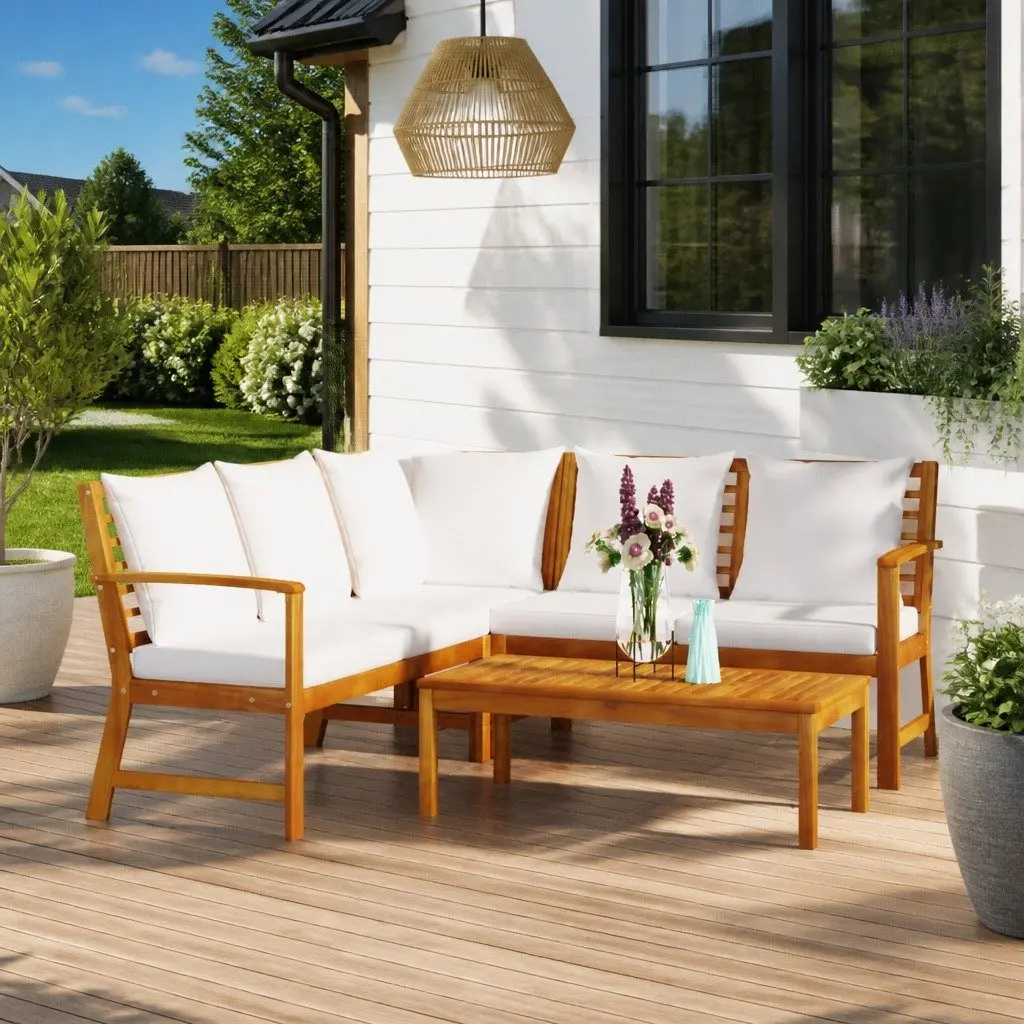 4 Piece Garden Lounge Set Outdoor Patio Sofa with Coffee Table Cream