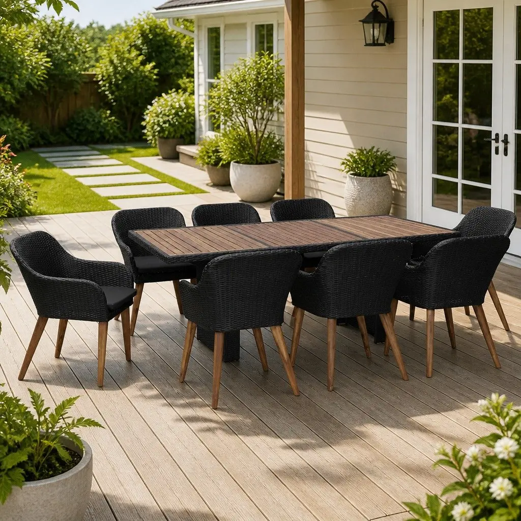 9 Piece Outdoor Dining Set Poly Rattan Patio Furniture Cushions Black