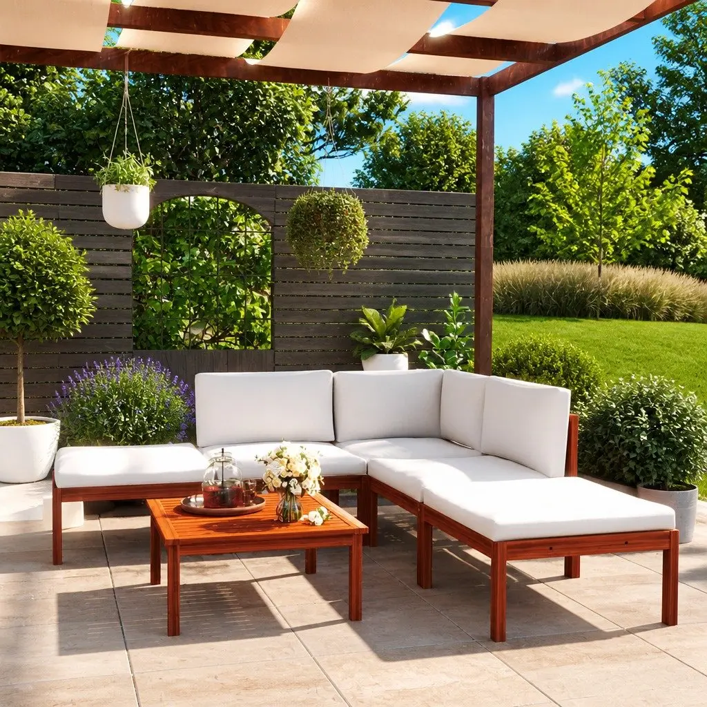 Outdoor Furniture Set 6 Piece Garden Lounge Acacia Wood White Rope Backrest