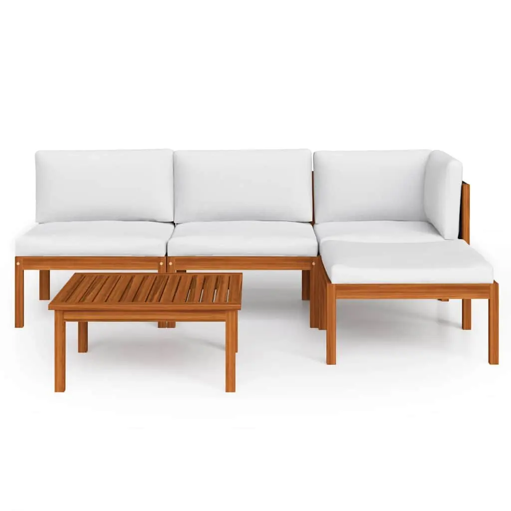 Outdoor Lounge Set 5 Piece Acacia Wood Cushions Rope Woven Backrest White