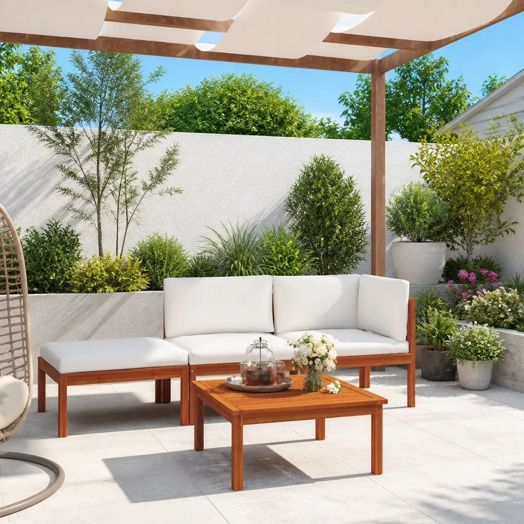 Garden Lounge Set 4 Piece Patio Furniture Rope Backrest with Cushions Cream