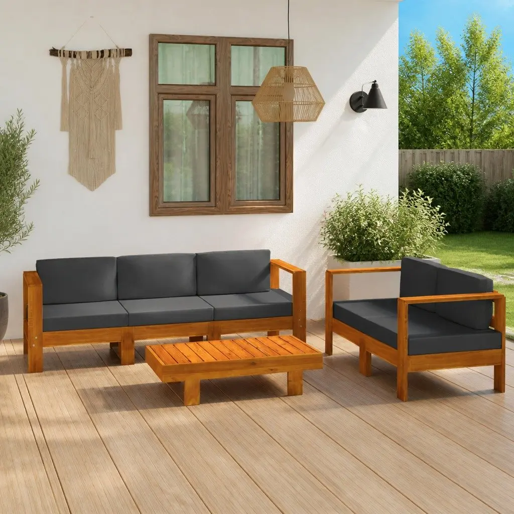 Outdoor Furniture Lounge Set 5 Piece Acacia Wood Patio Sofa with Grey Cushions