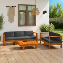5 Piece Garden Lounge Set Acacia Wood Outdoor Furniture Grey Cushions Patio Sofa