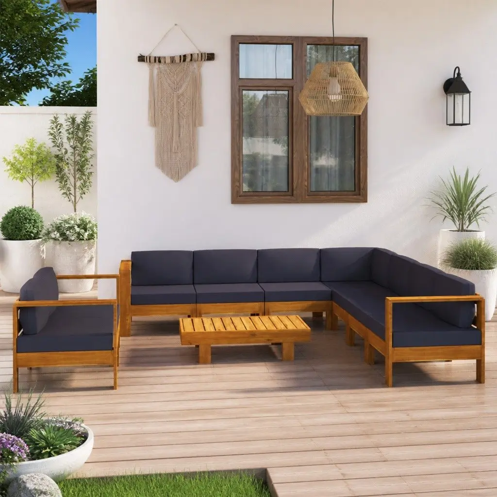 Outdoor Furniture Lounge Set 9 Piece Acacia Wood Grey Cushions Patio Garden