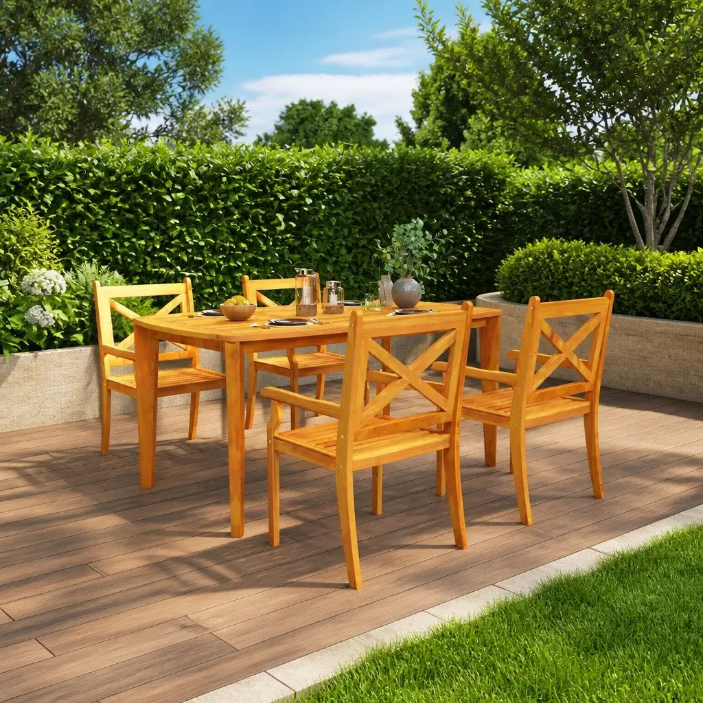 5 Piece Outdoor Garden Dining Set Solid Acacia Wood Table and Chairs Brown