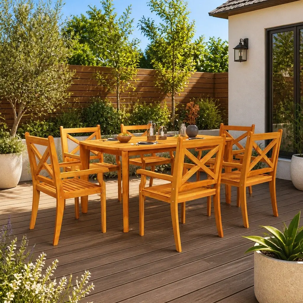 7 Piece Garden Dining Set Outdoor Acacia Wood Patio Table Chairs Brown