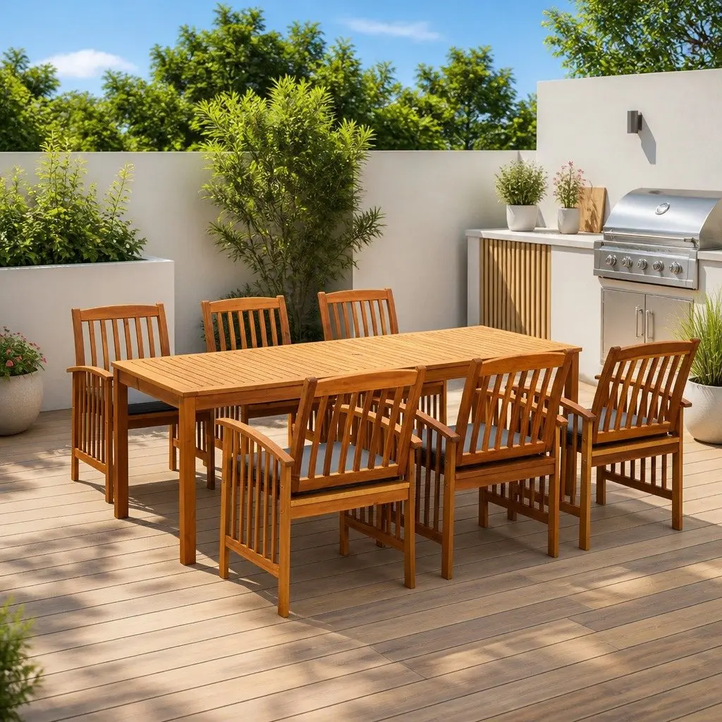 Garden Dining Set 7 Piece Outdoor Patio Table and Chairs with Cushions Grey Acacia Wood