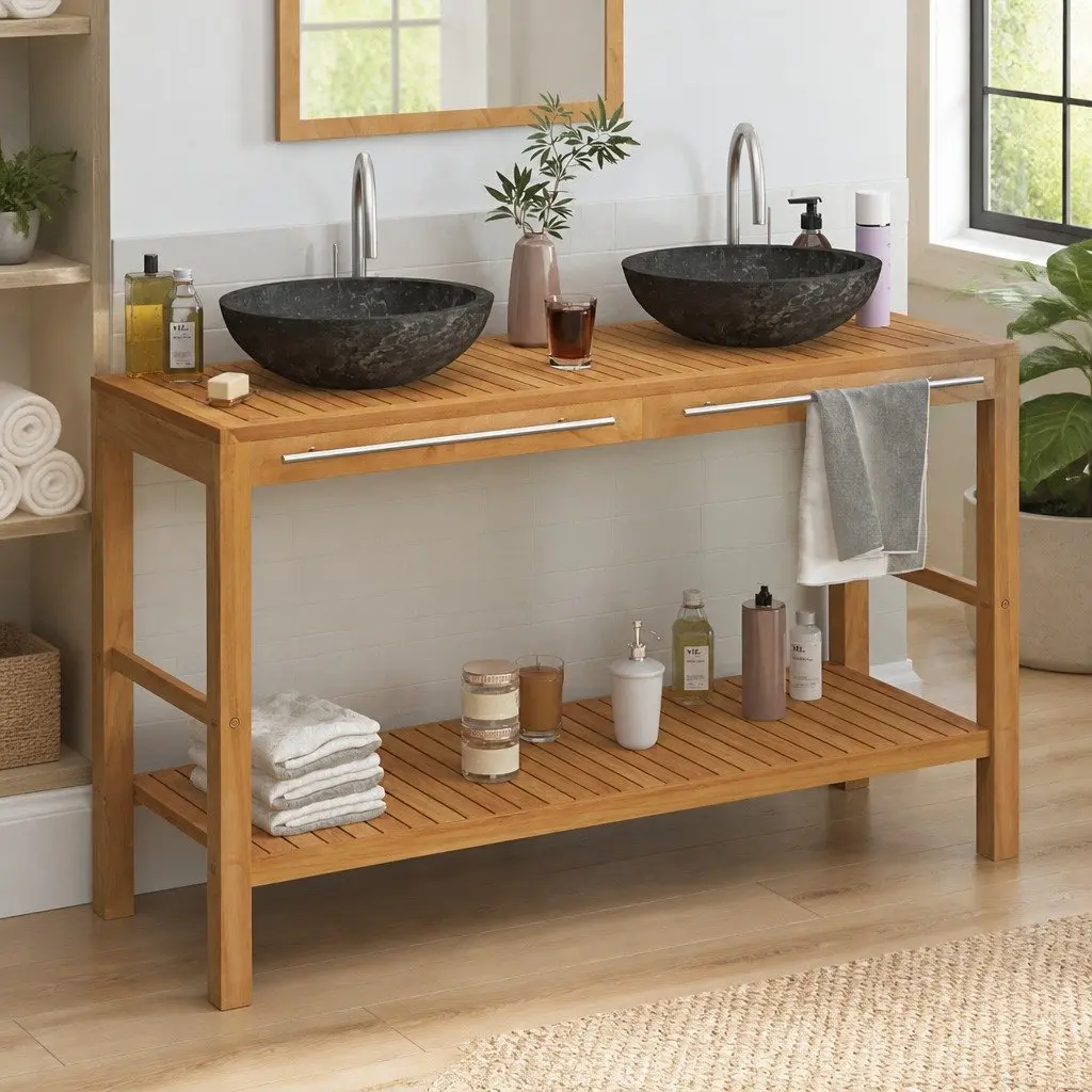 Bathroom Vanity Unit Double Sink Solid Teak Wood Black Marble Basin