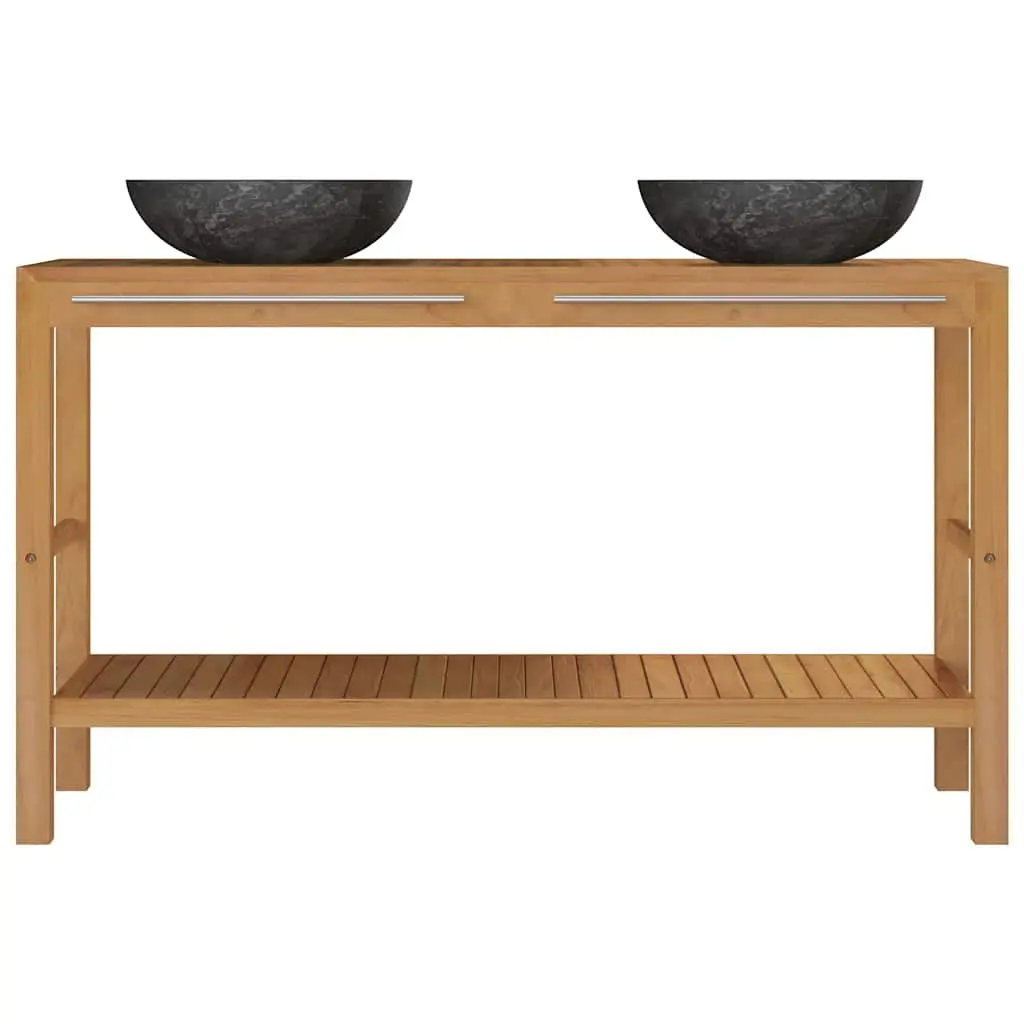 Bathroom Vanity Unit Double Sink Solid Teak Wood Black Marble Basin