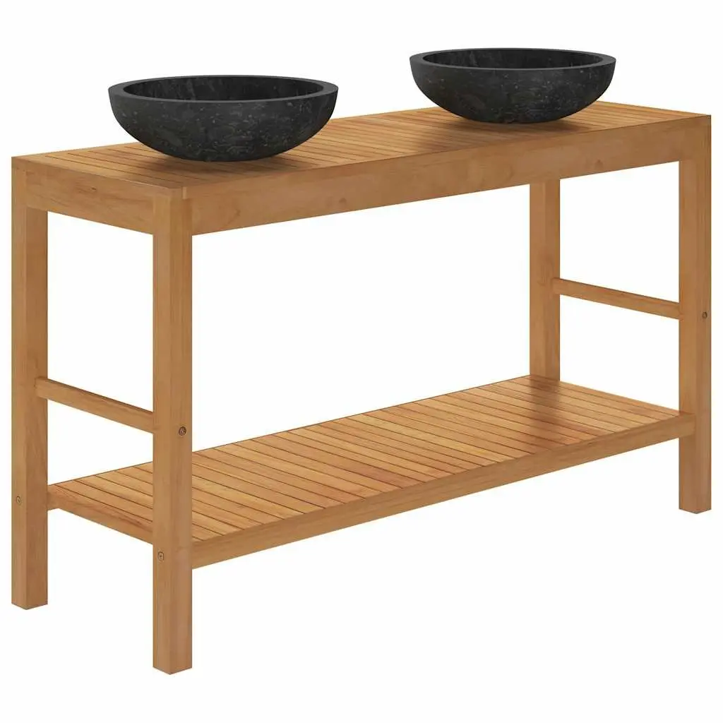 Bathroom Vanity Unit Double Sink Solid Teak Wood Black Marble Basin