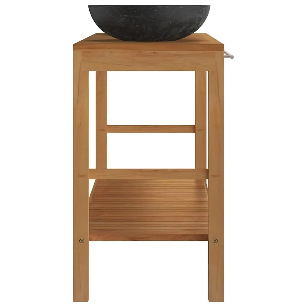 Bathroom Vanity Unit Double Sink Solid Teak Wood Black Marble Basin