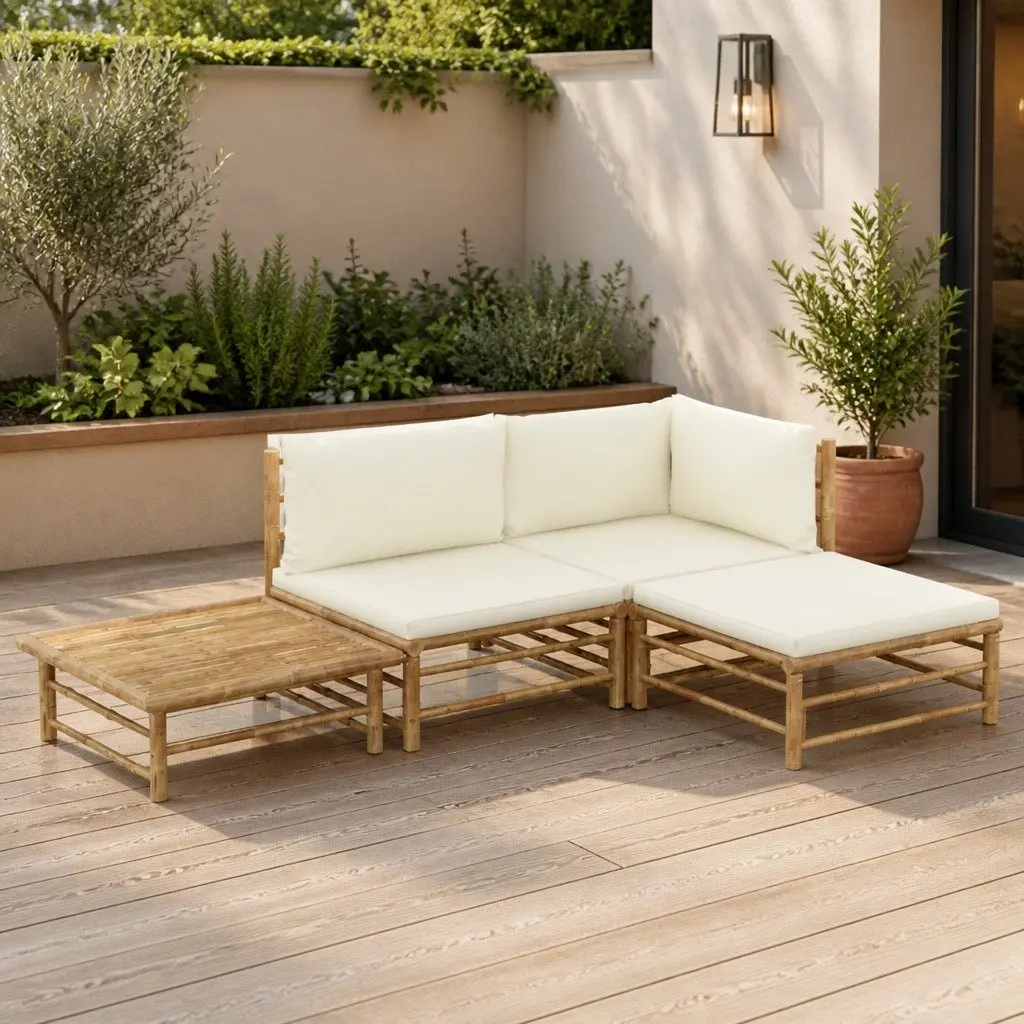 Bamboo Garden Lounge Set Modular Outdoor Furniture 4 Piece Cream Cushions