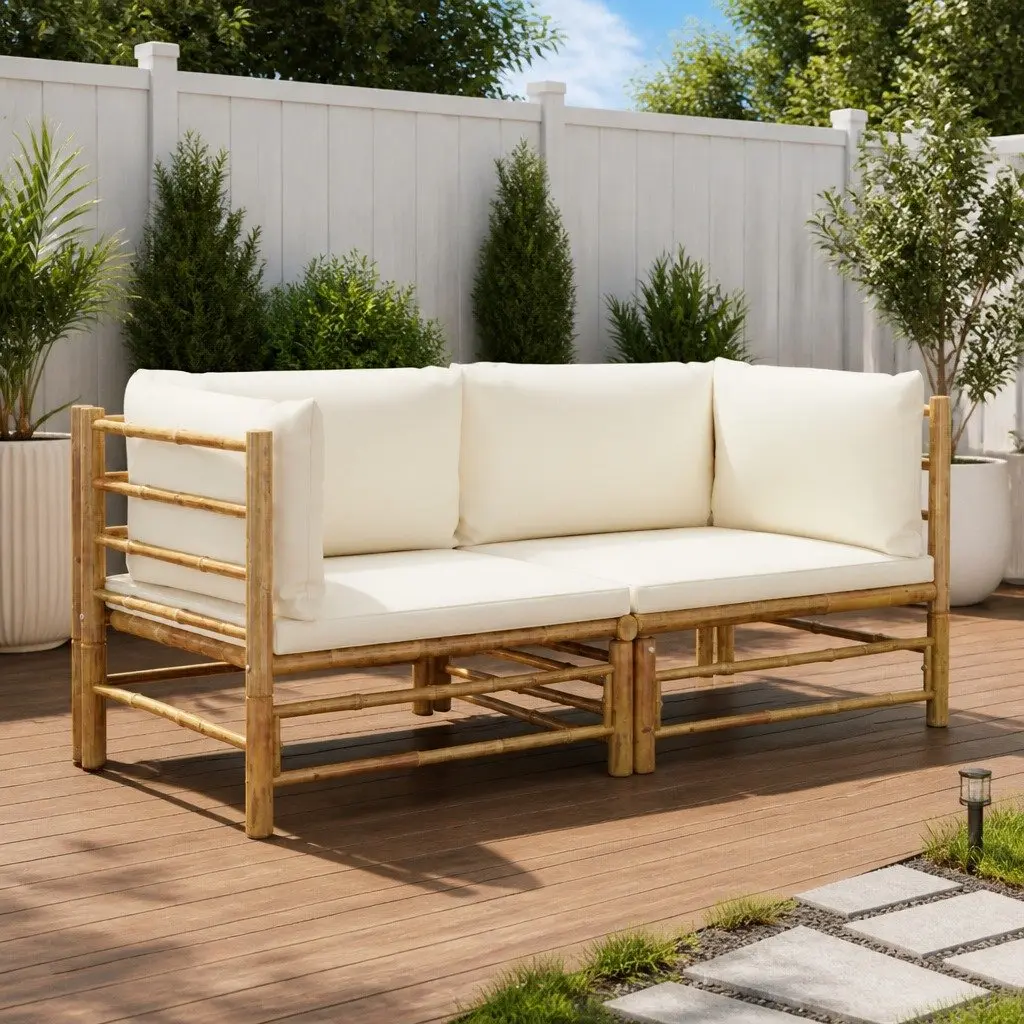 Outdoor Furniture Bamboo Lounge Set Cream White Cushions 2 Piece