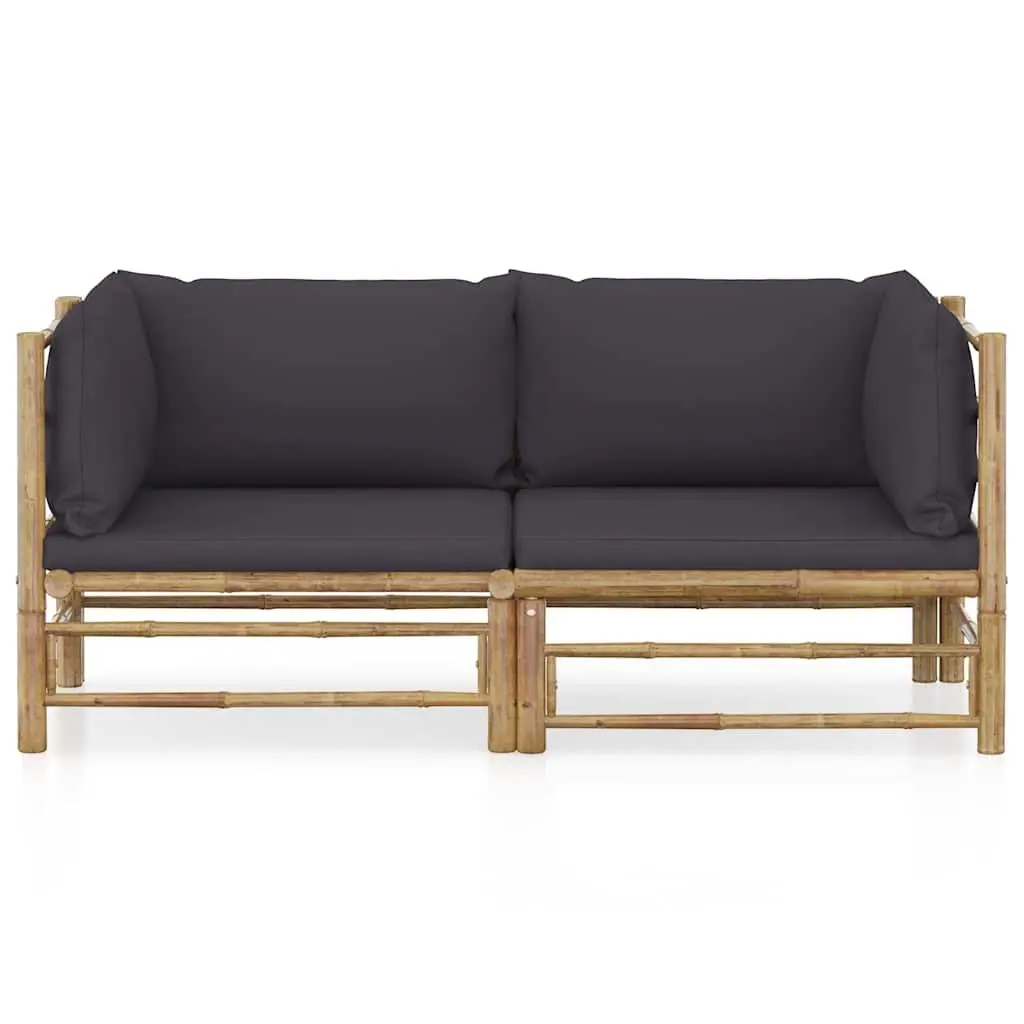 2 Piece Bamboo Garden Lounge Set Outdoor Furniture with Grey Cushions Patio