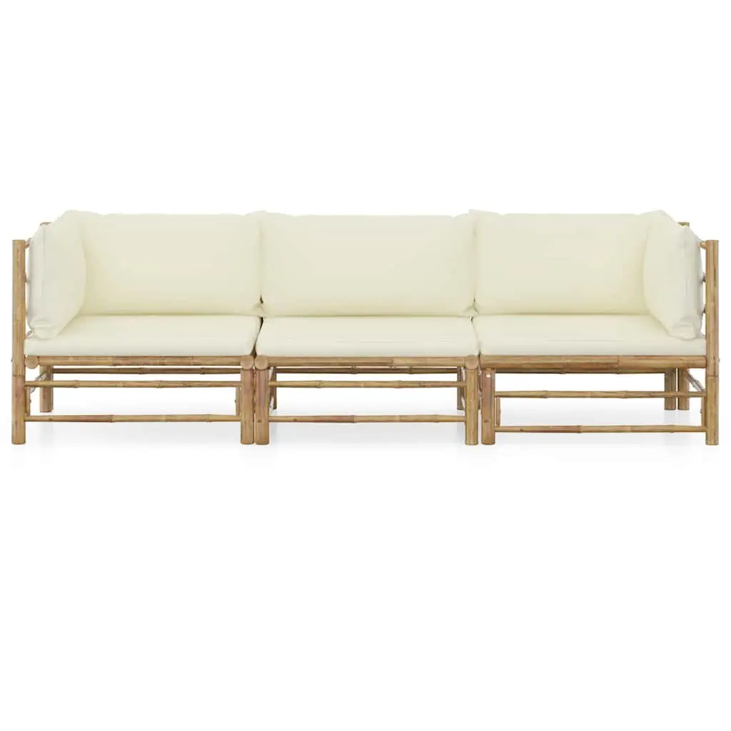 Outdoor Garden Lounge Set 3 Piece Bamboo Furniture Cream White Cushions Modular