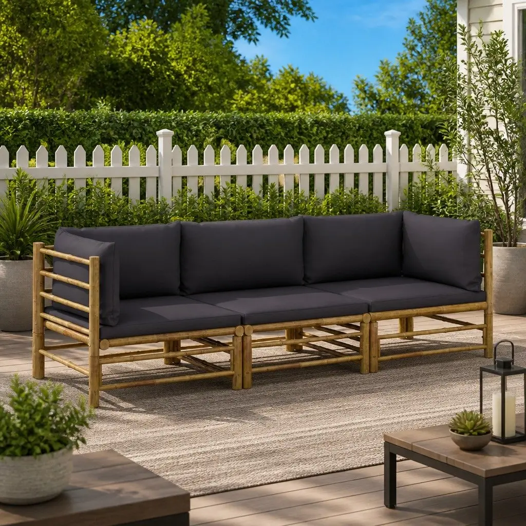 Bamboo Garden Lounge Set Modular 3 Piece Grey Cushions