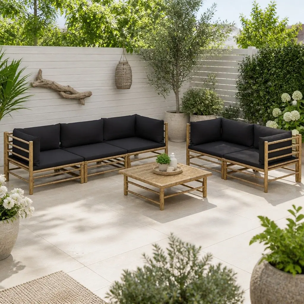Garden Lounge Set Modular Outdoor Furniture 6 Piece Bamboo Seating with Dark Grey Cushions