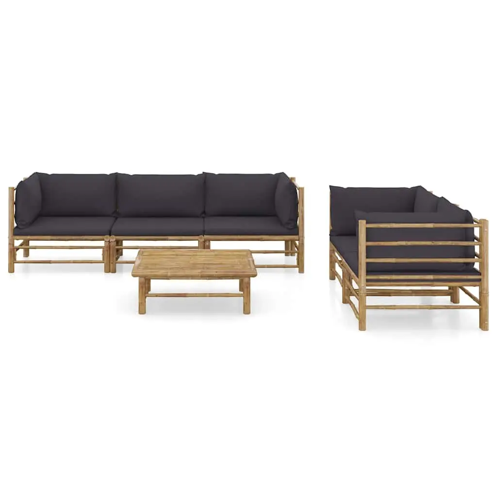 Garden Lounge Set Modular Outdoor Furniture 6 Piece Bamboo Seating with Dark Grey Cushions