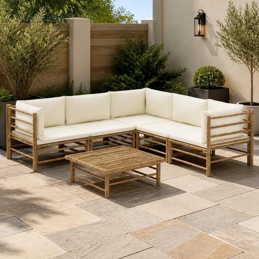 Garden Lounge Set Modular Outdoor Furniture 6 Piece Bamboo Sofa with Cushions White
