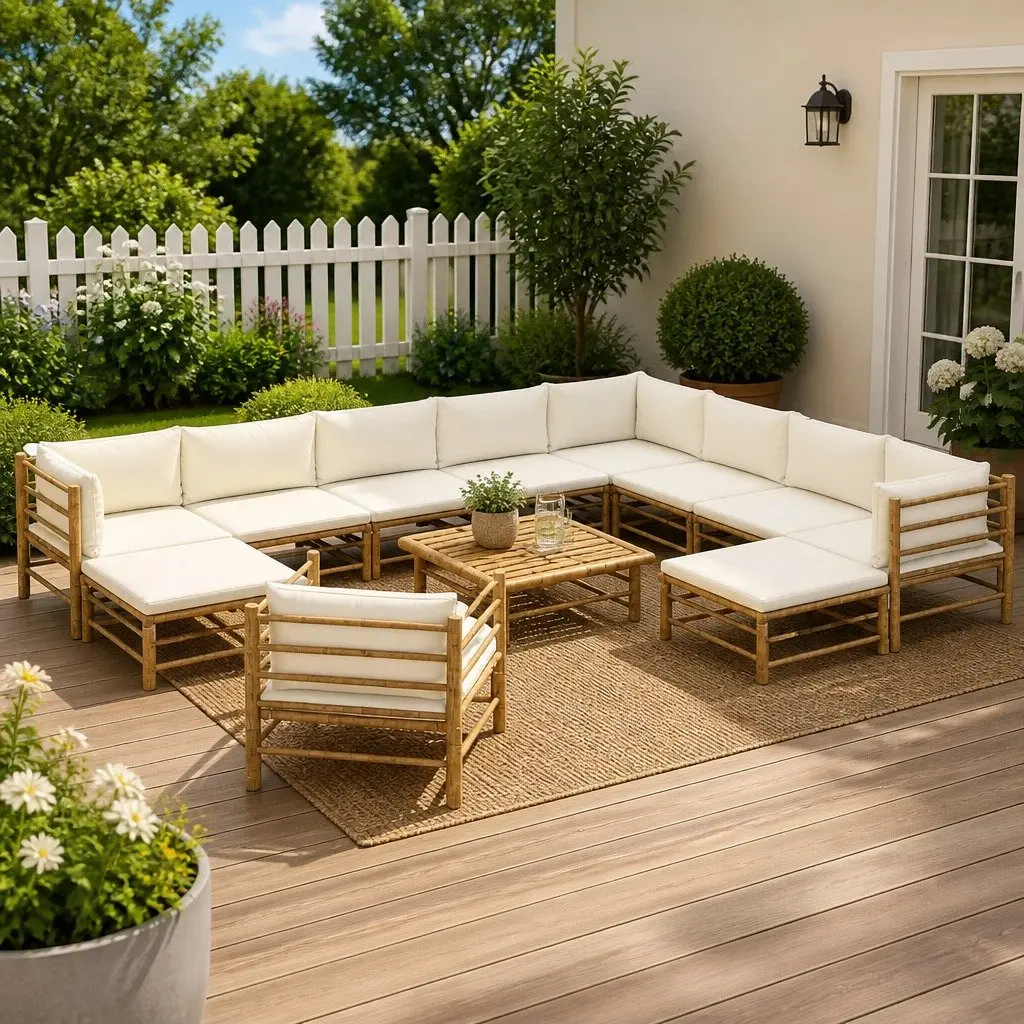 Garden Lounge Set Modular Outdoor Furniture 12 Piece Bamboo Cream Cushions