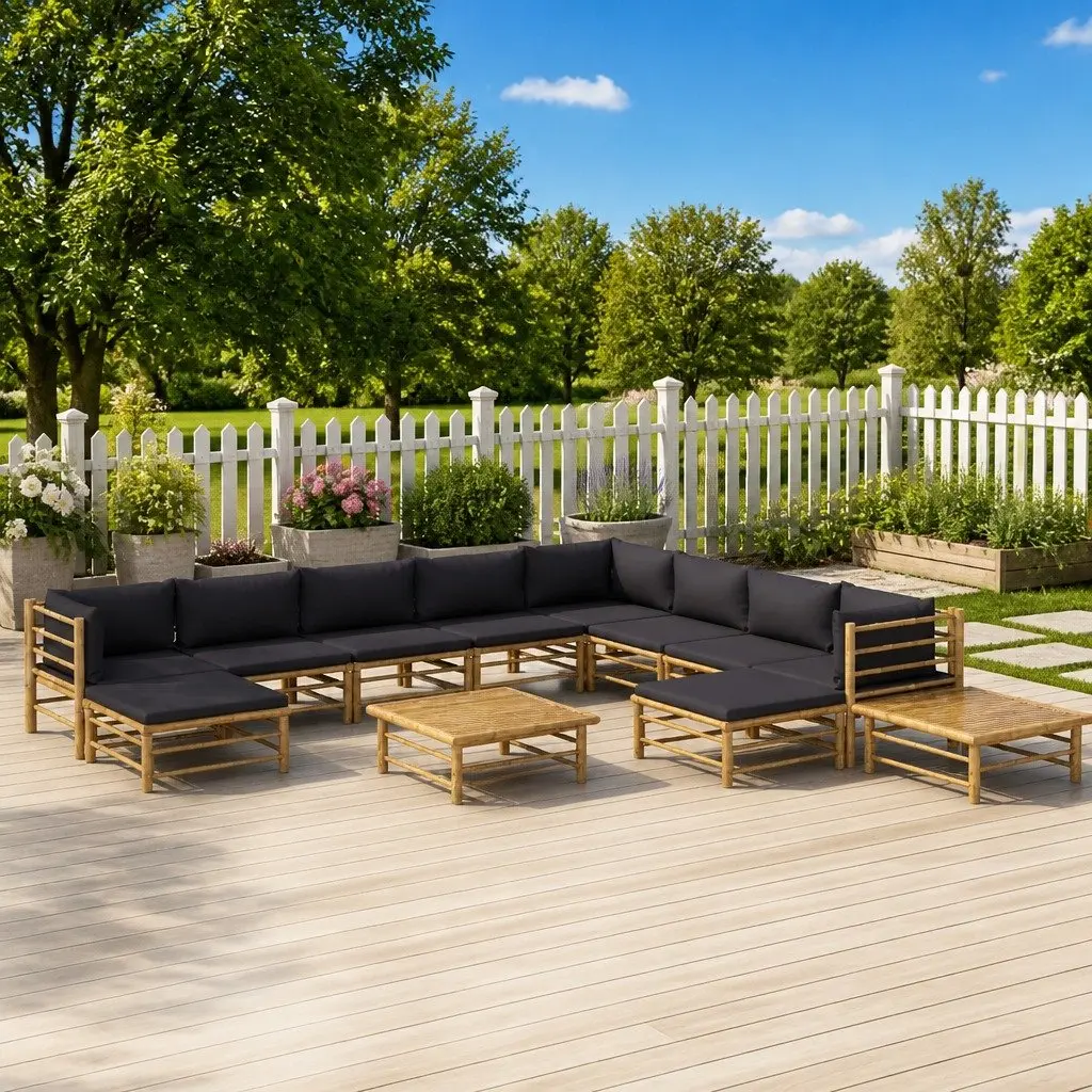 Bamboo Garden Lounge Set 12 Pieces Modular Furniture with Dark Grey Cushions