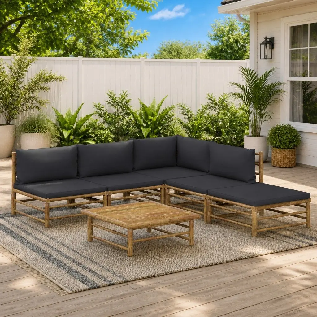 Garden Lounge Set Modular Seating 6 Piece Bamboo Outdoor Furniture Grey Cushions