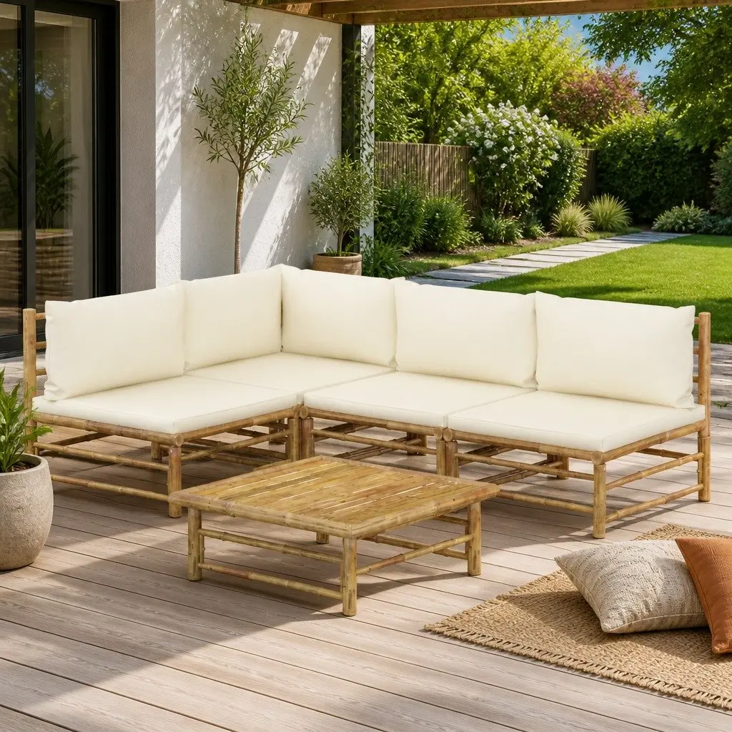 5 Piece Bamboo Garden Lounge Set Outdoor Patio Furniture Cream White Cushions