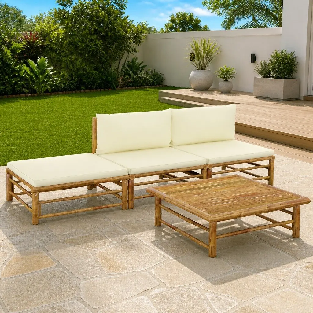 4 Piece Bamboo Garden Lounge Set Outdoor Furniture Modular Cream Cushions