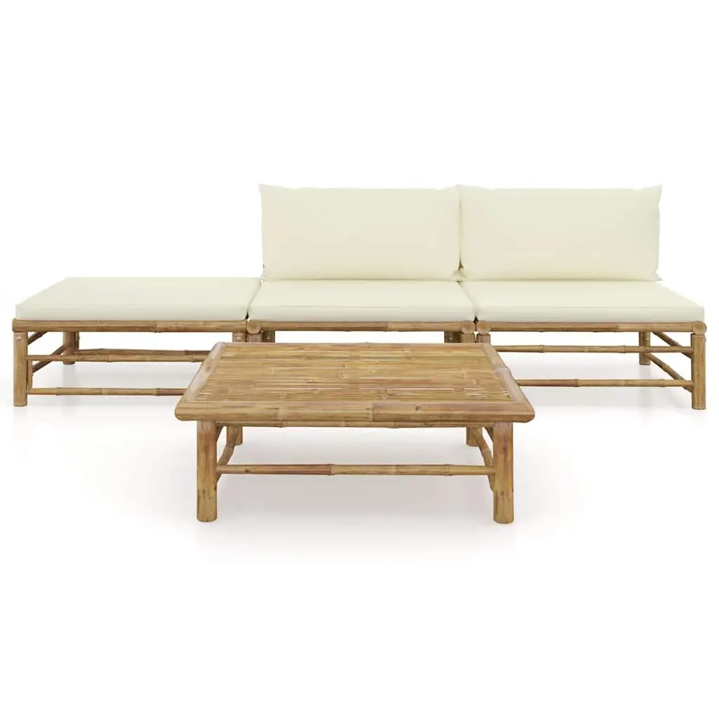 4 Piece Bamboo Garden Lounge Set Outdoor Furniture Modular Cream Cushions